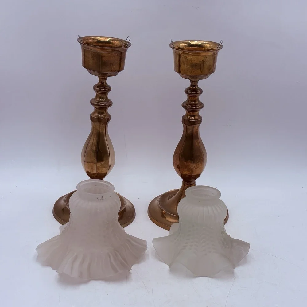 Vintage Brass Hurricane Candlesticks Pair Hobnail Milk Glass Shades 14